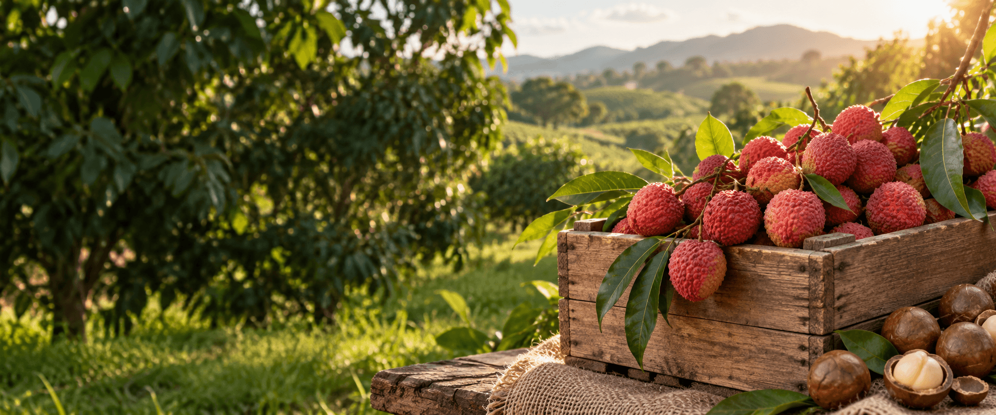 Sunlit orchard with litchis and macadamias in a wooden crate; illustrative photograph